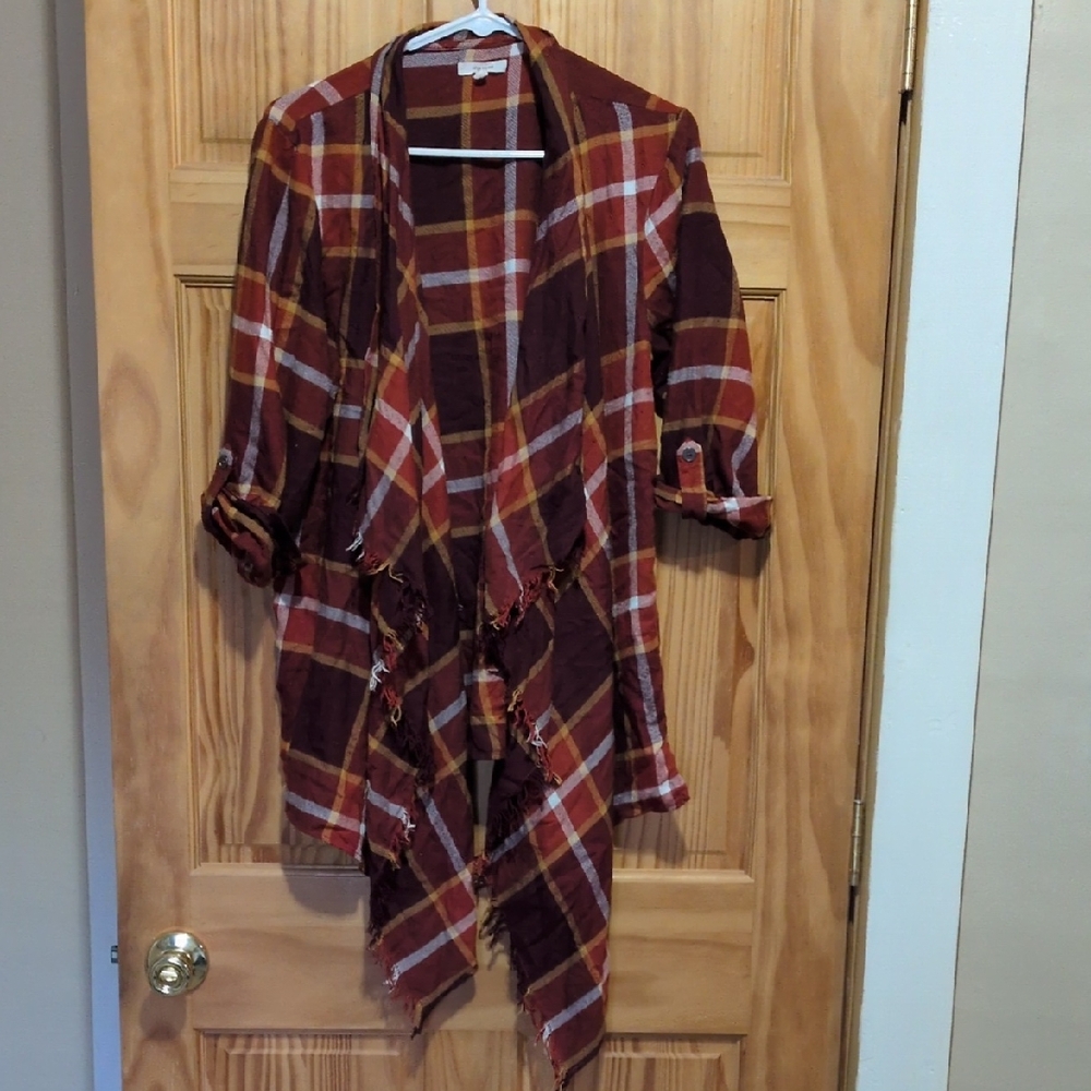 Maurices Plaid Open Front Cardigan - Red and Orange